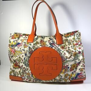 Tory Burch Ella New Ivory Promised Land Printed Floral Tropical Bird Tote